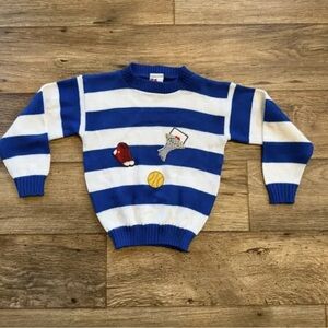 Blue and White Striped Sweater with Sports Patches